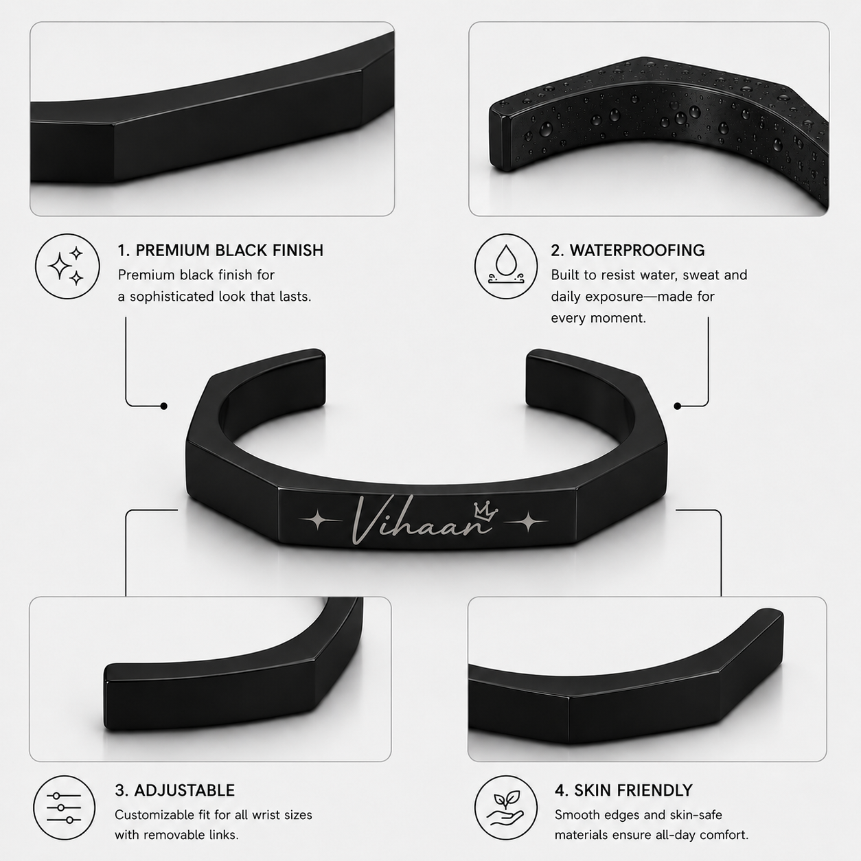 Personalized Black Stainless Steel Cuff Bracelet