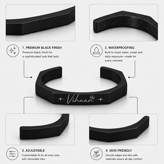 Personalized Black Stainless Steel Cuff Bracelet