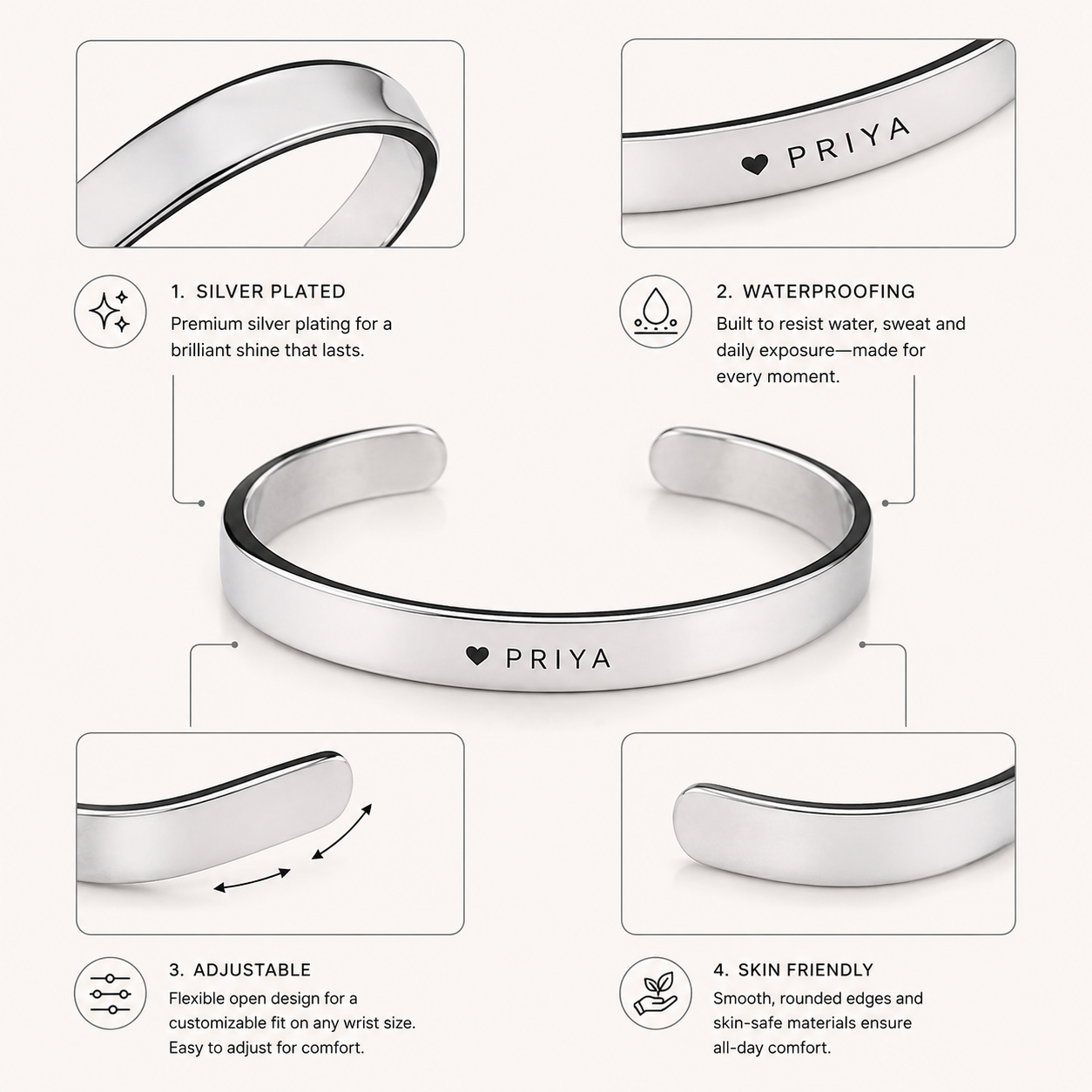 Personalized Silver Stainless Steel Cuff Bracelet