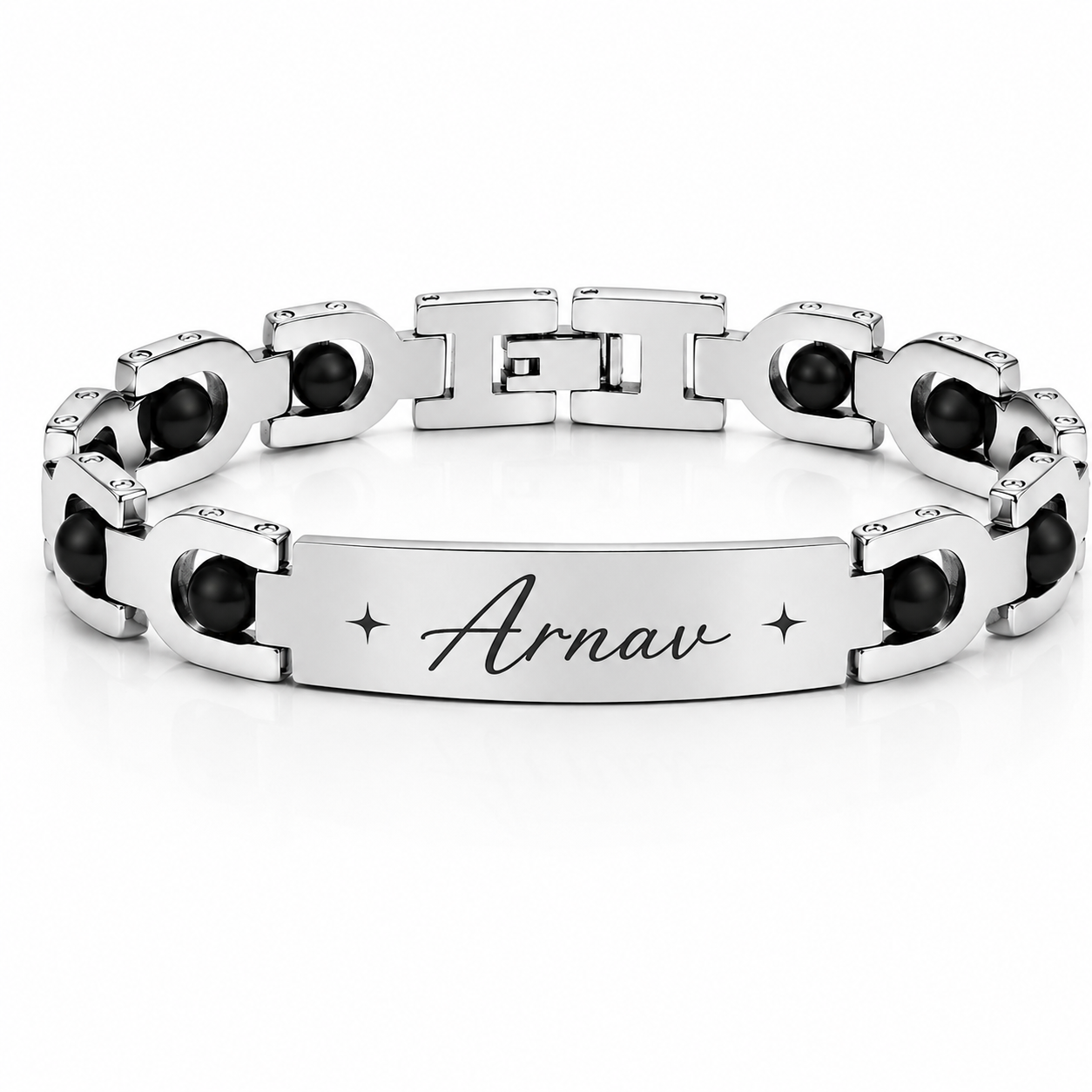 Personalized Black Bead Name Steel Bracelet