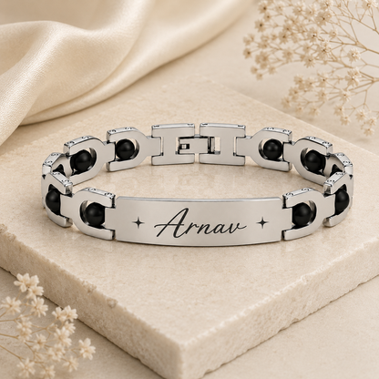 Personalized Black Bead Name Steel Bracelet